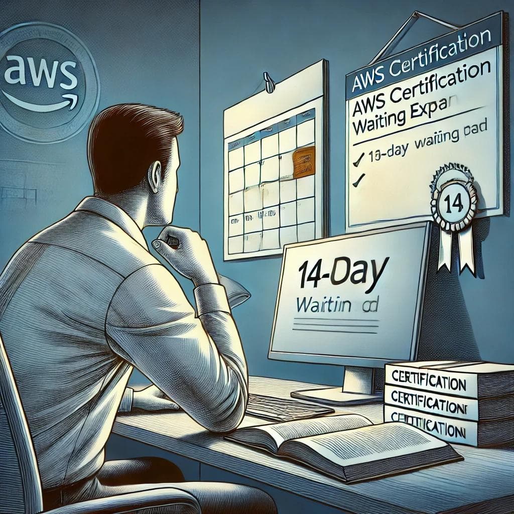 A detailed image depicting a professional sitting at a desk with a computer, studying for a certification exam.