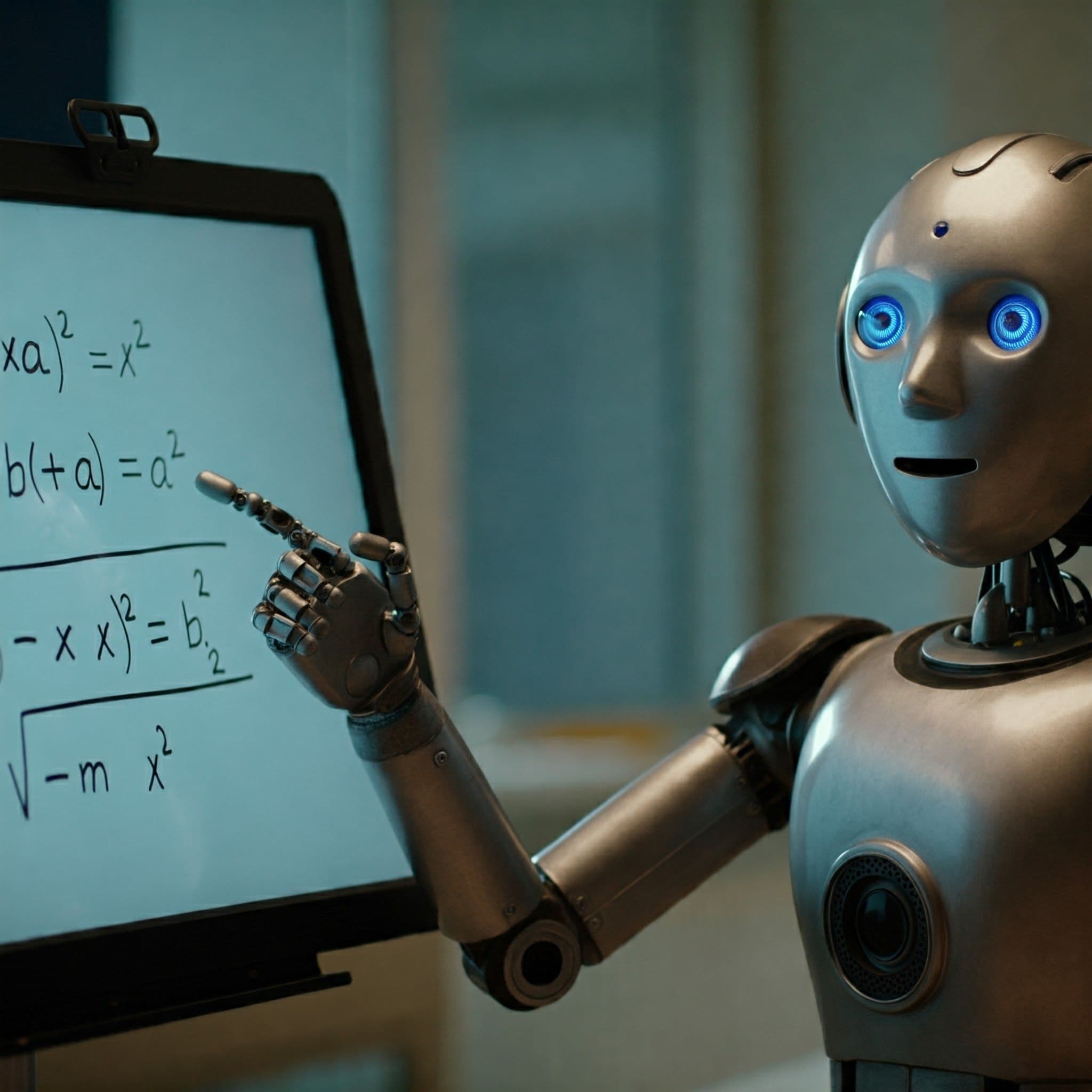 A metallic robot tutor with a human-like face and expressive eyes, in a chat window interface, patiently explaining a mathematical equation.