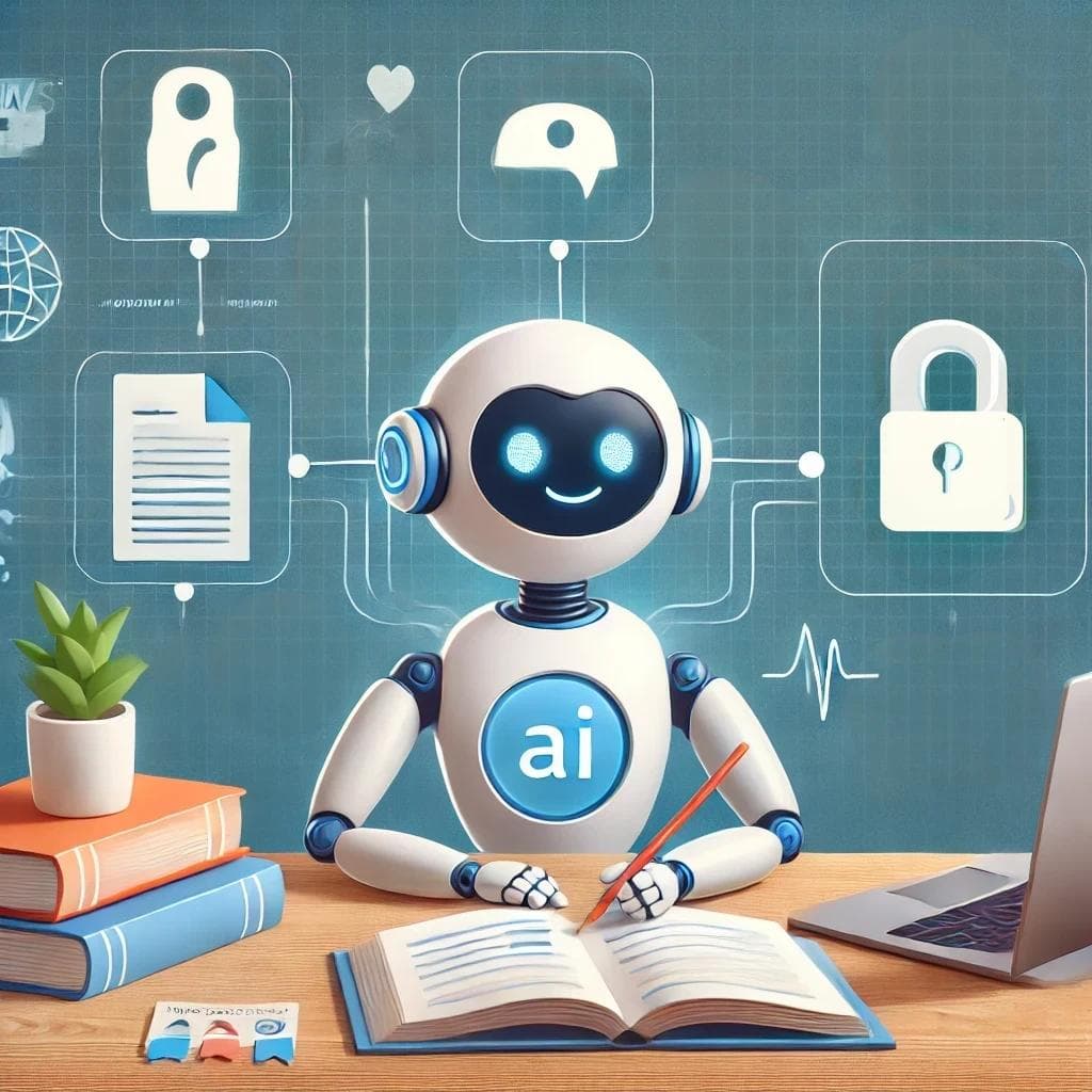A modern and clean image representing AI helping with exam preparation. The focus is on a stylized AI robot or digital assistant guiding a person who