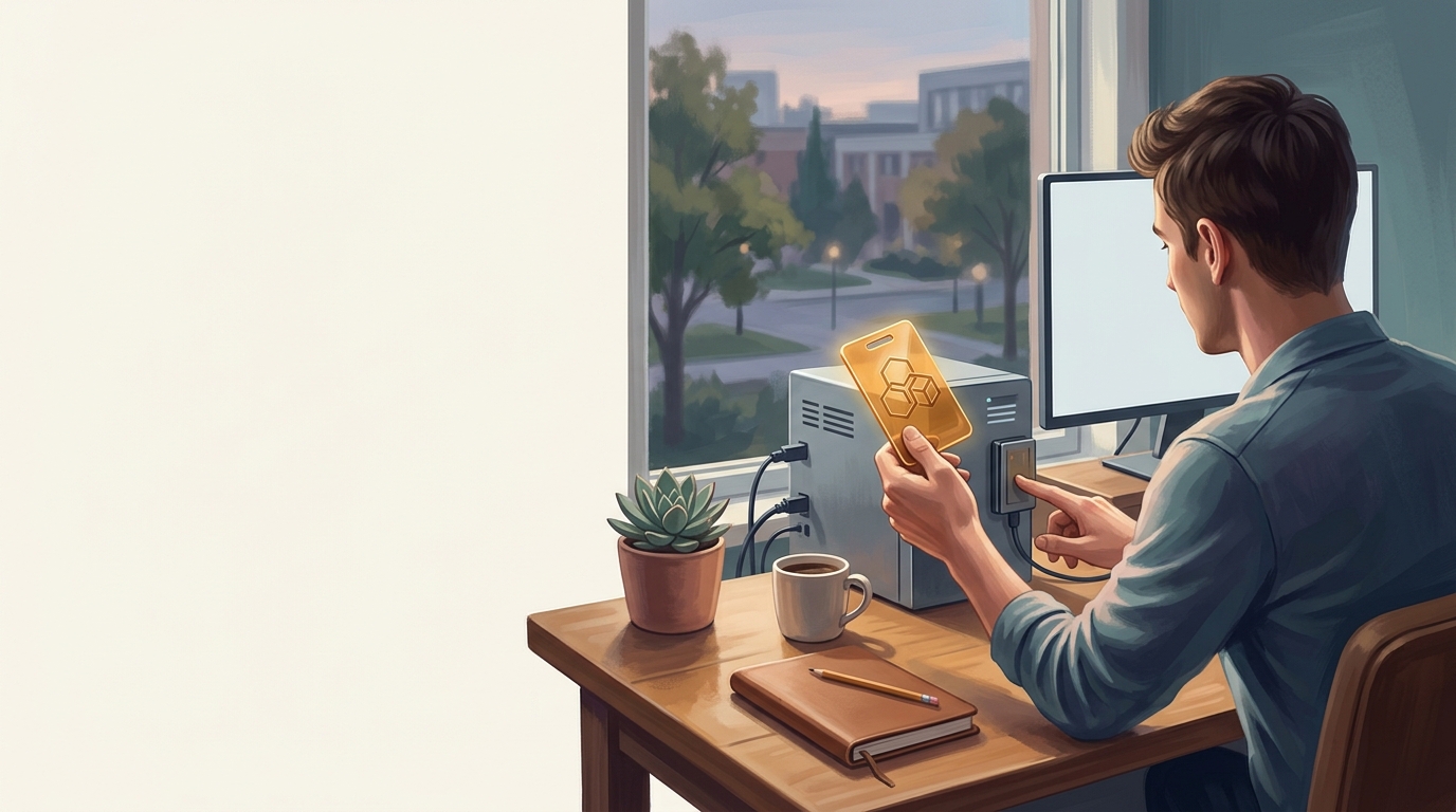 Illustration of an architect reviewing a layered security blueprint