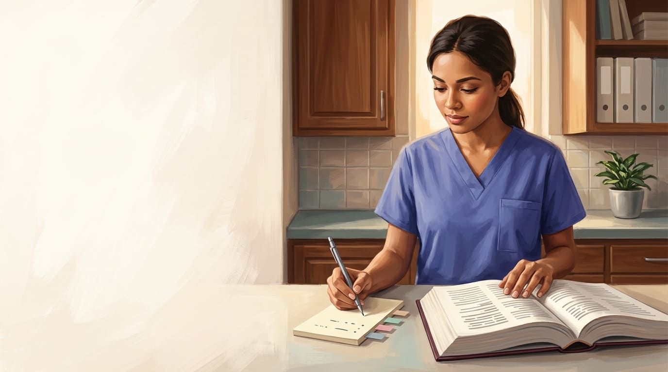 A medical assistant in scrubs at a clinic workstation, with four certification badges labeled CCMA, CMA, RMA, and NCMA
