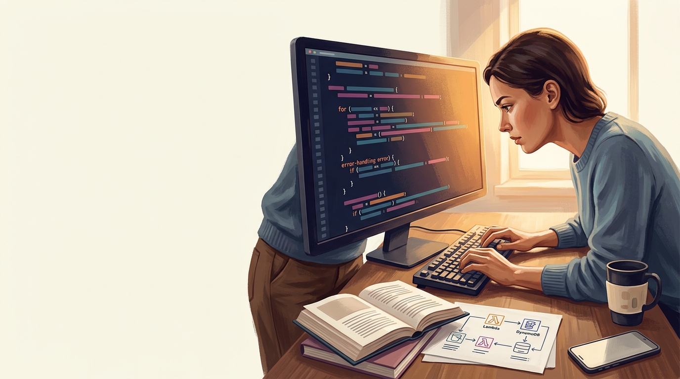 Developer studying for the AWS Certified Developer Associate exam (DVA-C02) at a desk with notes about Lambda, DynamoDB, and CodePipeline.