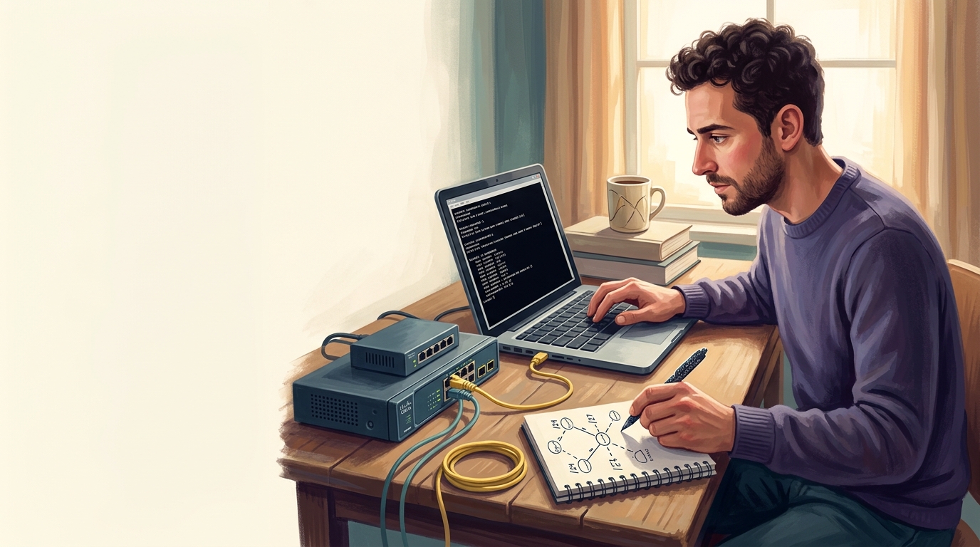 Network engineer studying for the Cisco CCNA 200-301 exam with a laptop and a stack of cables.