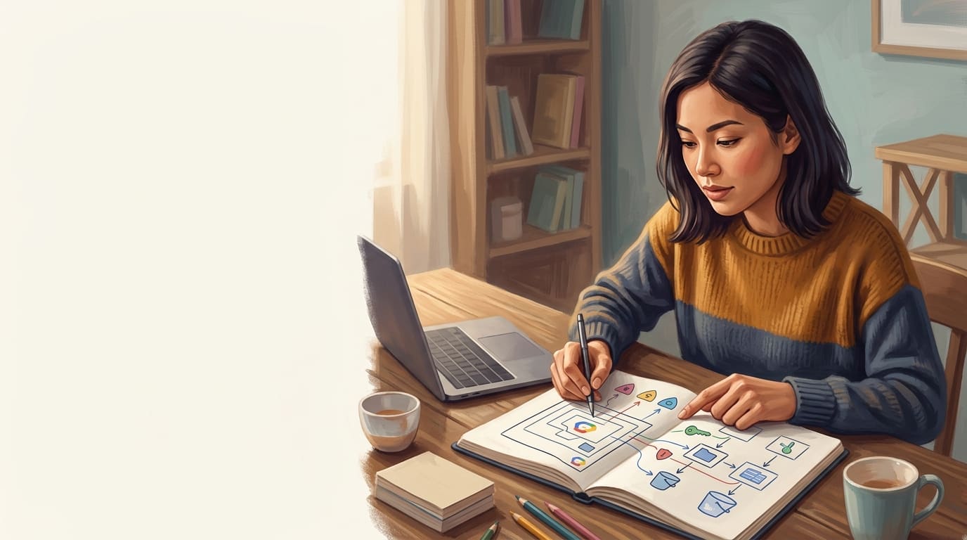 A developer at a terminal running gcloud commands while studying for the Google Associate Cloud Engineer exam, with Google Cloud service icons on a second screen.