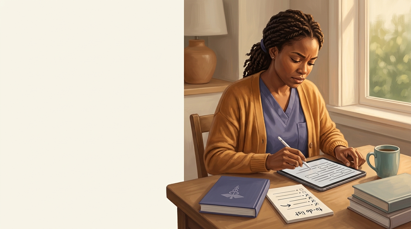 Nursing graduate preparing for the NCLEX-RN exam with a laptop and study notebook.
