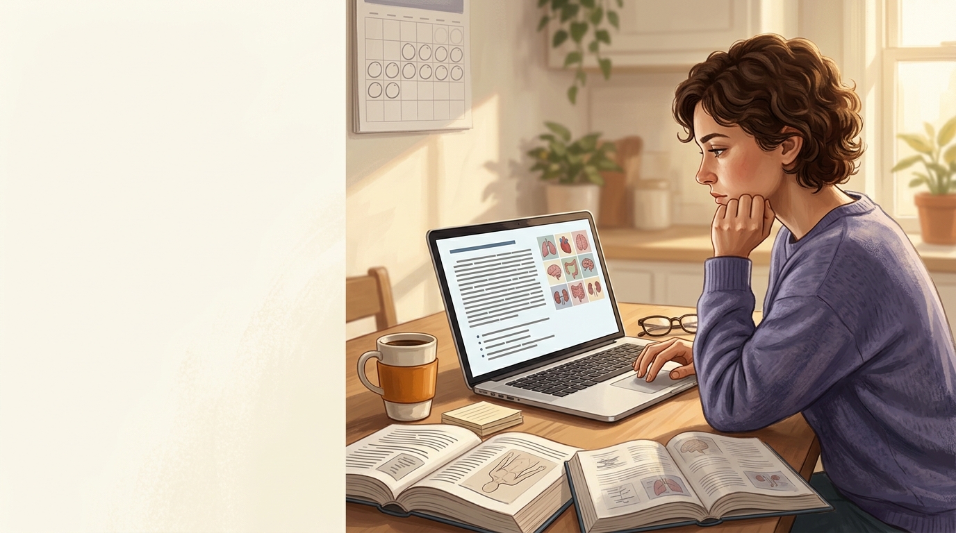 Medical student preparing for USMLE Step 1 with First Aid, a question bank, and a study schedule on a desk.